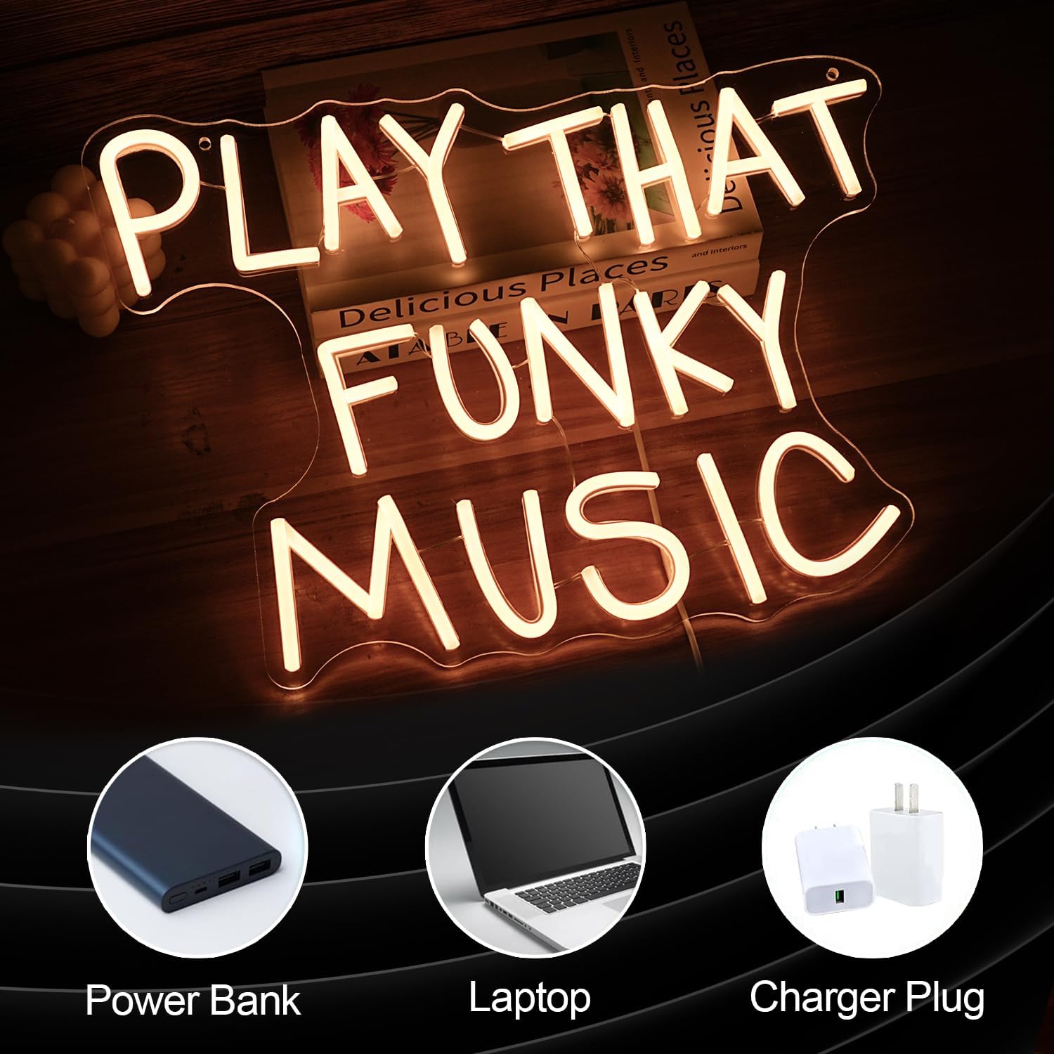 Play That Funky Music Neon Sign Dimmable Switch USB Powered Warm White Letters Neon Light Up Sign for Wall Decor Music Led Neon Light for Concert Karaoke Bar Club Record Store Party - Image 3