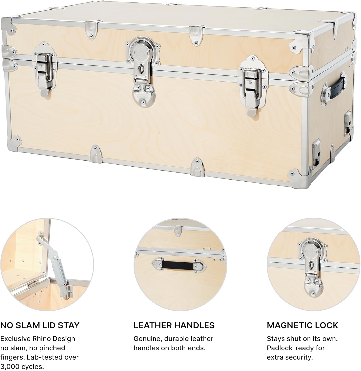 Rhino Trunk & Case Naked Large Trunk - 32"x18"x14", 1500+ lbs Capacity with Soft-Close Lid. Strong, USA Made Summer Camp Footlocker, Secure College Dorm Chest, and Natural Wood Home Storage