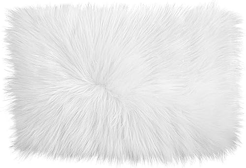 Alfombra blanca de piel sintética, 20 x 12 pulgadas, ultra suaves, pequeñas alfombras esponjosas de lujo para dormitorio, alfombra de noche,