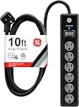 GE 6-Outlet Surge Protector, 10 Ft Extension Cord, Power Strip, 600 Joules, Twist-to-Close Safety Covers, Protected Indicator Light, UL Listed, Black, 37442