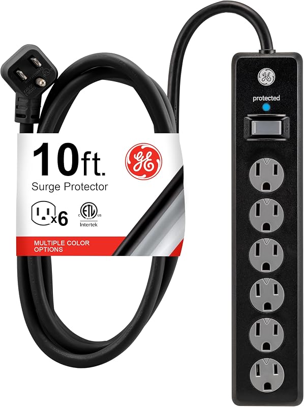 GE Surge Protector Power Strip, 10 Ft Extension Cord, 6 Outlet Extender | 800 Joules, Flat Plug, Wall Mount, Twist-to-Close Safety Covers, ETL Safety Listed, Black, 37442
