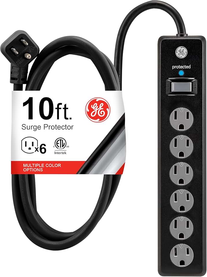 GE 6-Outlet Surge Protector, 10 Ft Extension Cord, Power Strip, 800 Joules, Twist-to-Close Safety Covers, Protected Indicator Ligh