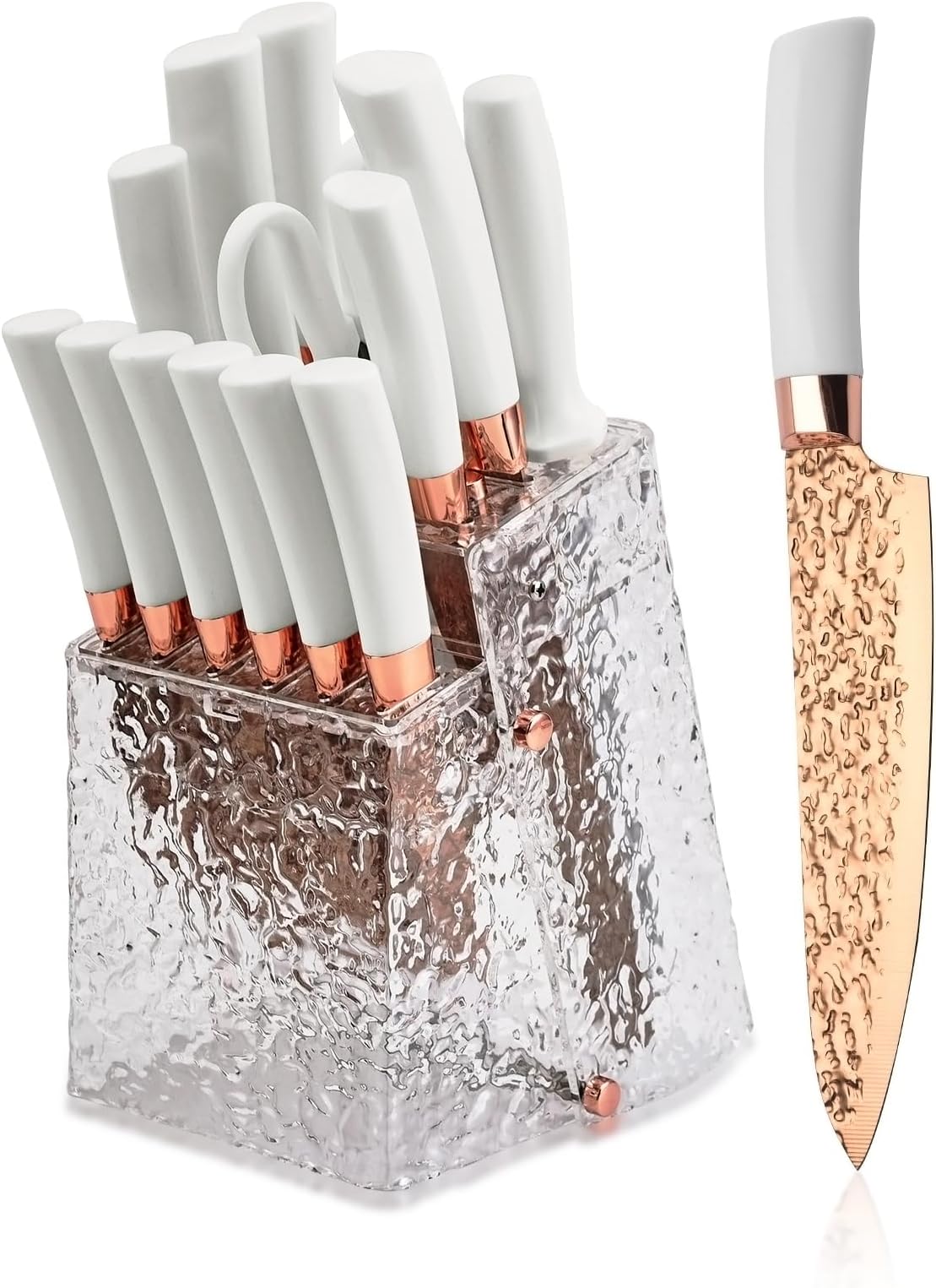 Kitchen Knife Set Non Stick Knives with Storage Serrated Steak Knife, Chef Knife, Bread Knife, Scissors, Sharpener, 14Pcs Sharp Cutlery Block Sets for Home & Pro Use Pearl White Handle Gold Blade