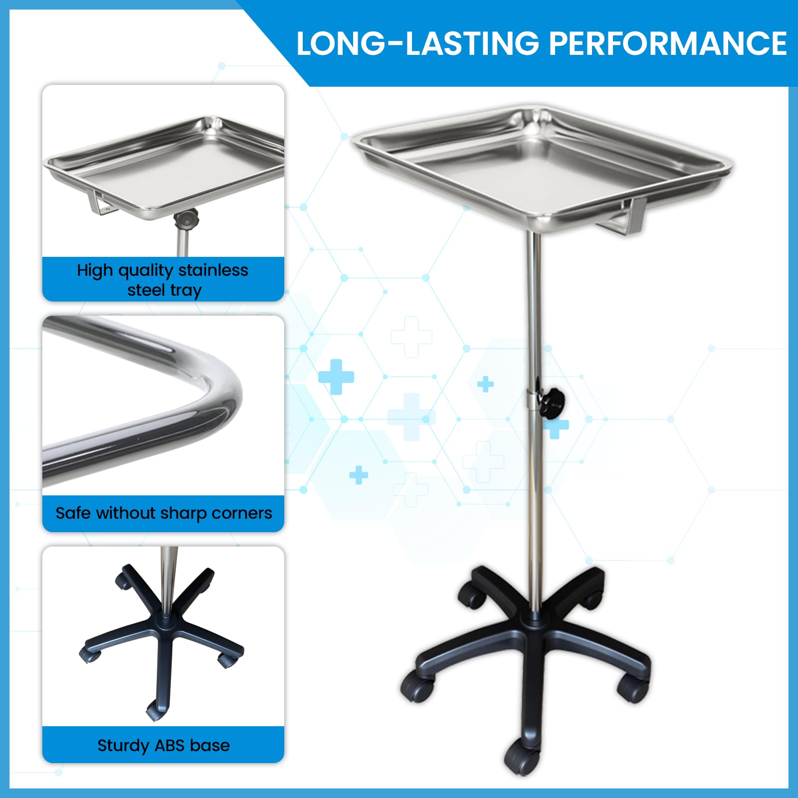 Soporte para instrumental Mayo con base de ABS reforzada, mesa móvil con bandeja y ruedas para clínicas dentales, veterinarias y de mascotas, altura ajustable de 30 a 50, carro de servicio de acero in