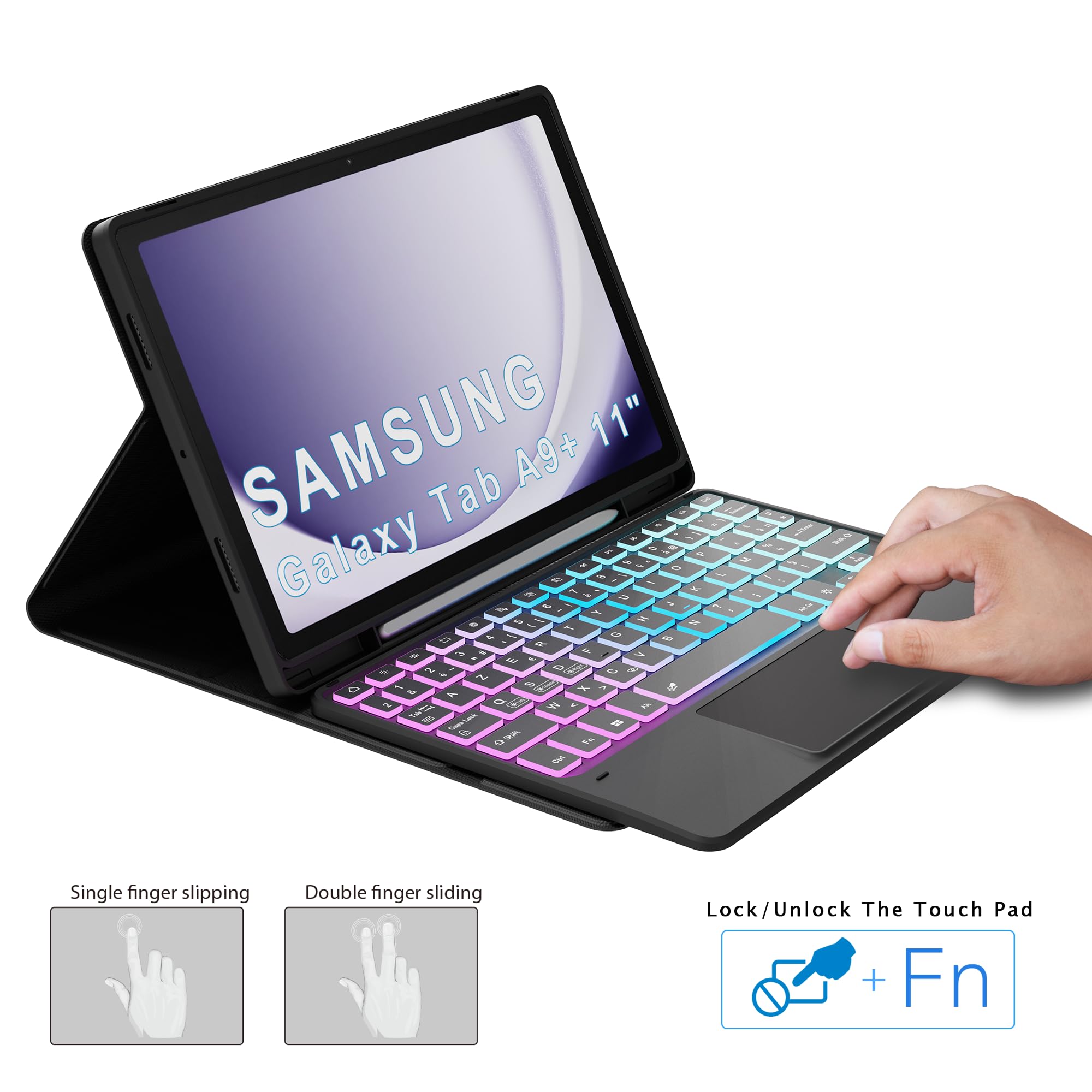 pour Samsung Galaxy Tab A9+ 11 pouces Étui avec clavier détachable - français AZERTY, Clavier rétroéclairé 3 zones 7 couleurs DIY avec pavé tactile - Étui clavier pour Galaxy Tab A9 Plus 11" 2023