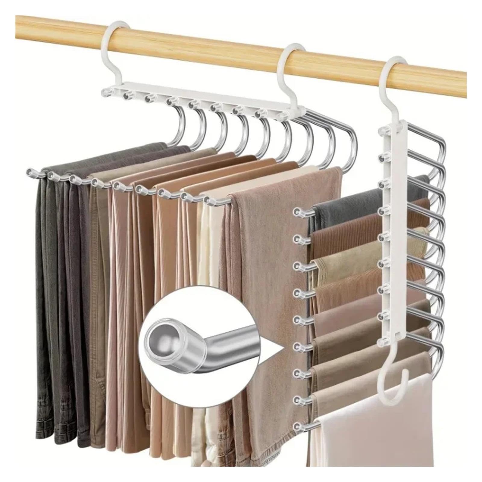 9-stufiger, Rutschfester Hosenbügel aus Edelstahl, platzsparend, mehrlagig, for die Organisation von Jeans, Leggings, Röcken im Schrank(White)