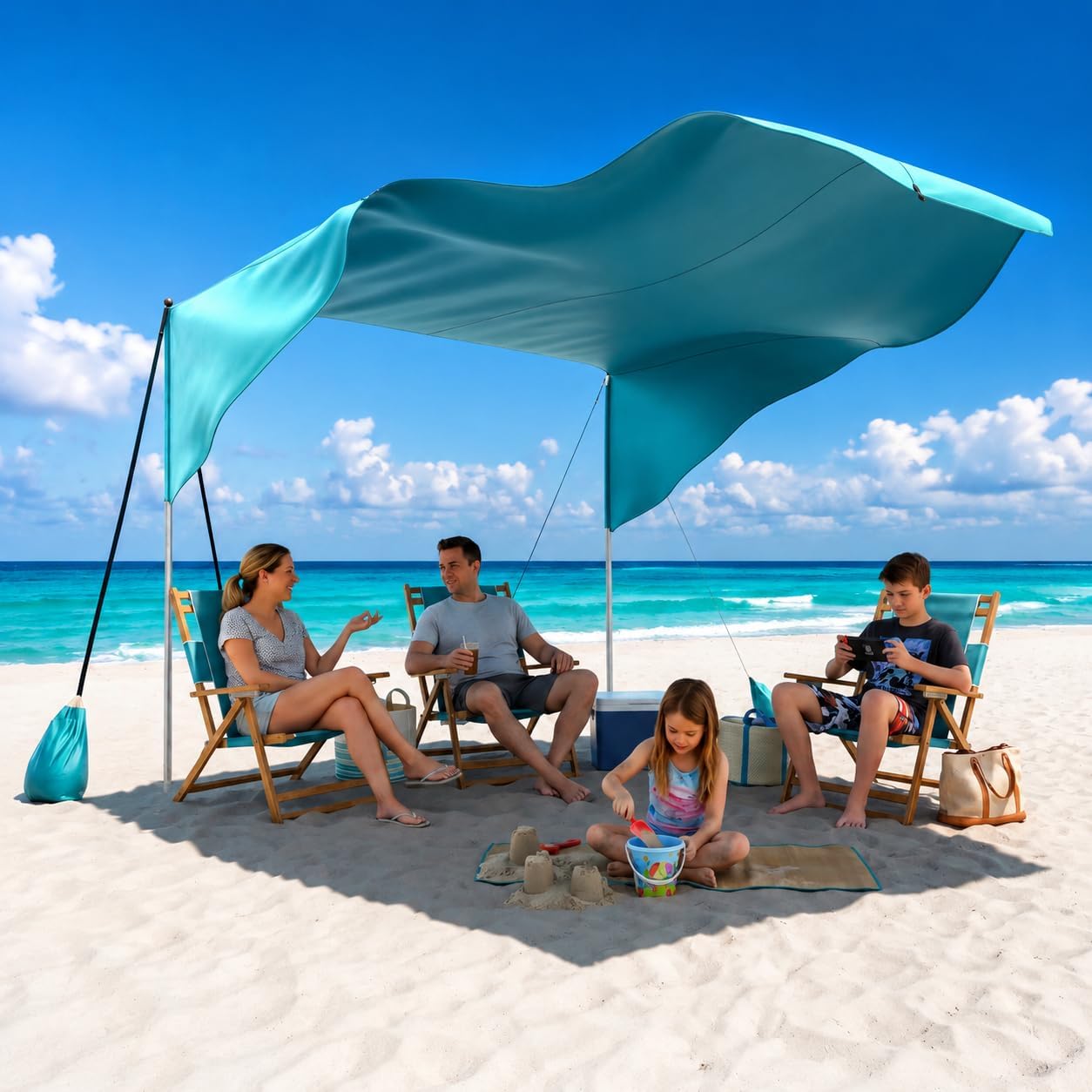 ABORON Beach Shade Canopy, 100 Sq.Ft. Wind-Supported Sunshade Sail for 4-6 People, Lightweight Easy Setup Beach Tent with UPF 50+ Sun Protection, Sandbags & Poles for Family Beach Trips (Aqua)