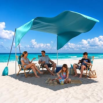 Beach Canopy, Wind-Supported Beach Sun Shade Sail for 4-6 People, Portable | 100 sq. ft. sunshade offers UPF 50+ protection, easy setup, and includes sandbags and poles for family beach trips in summer.