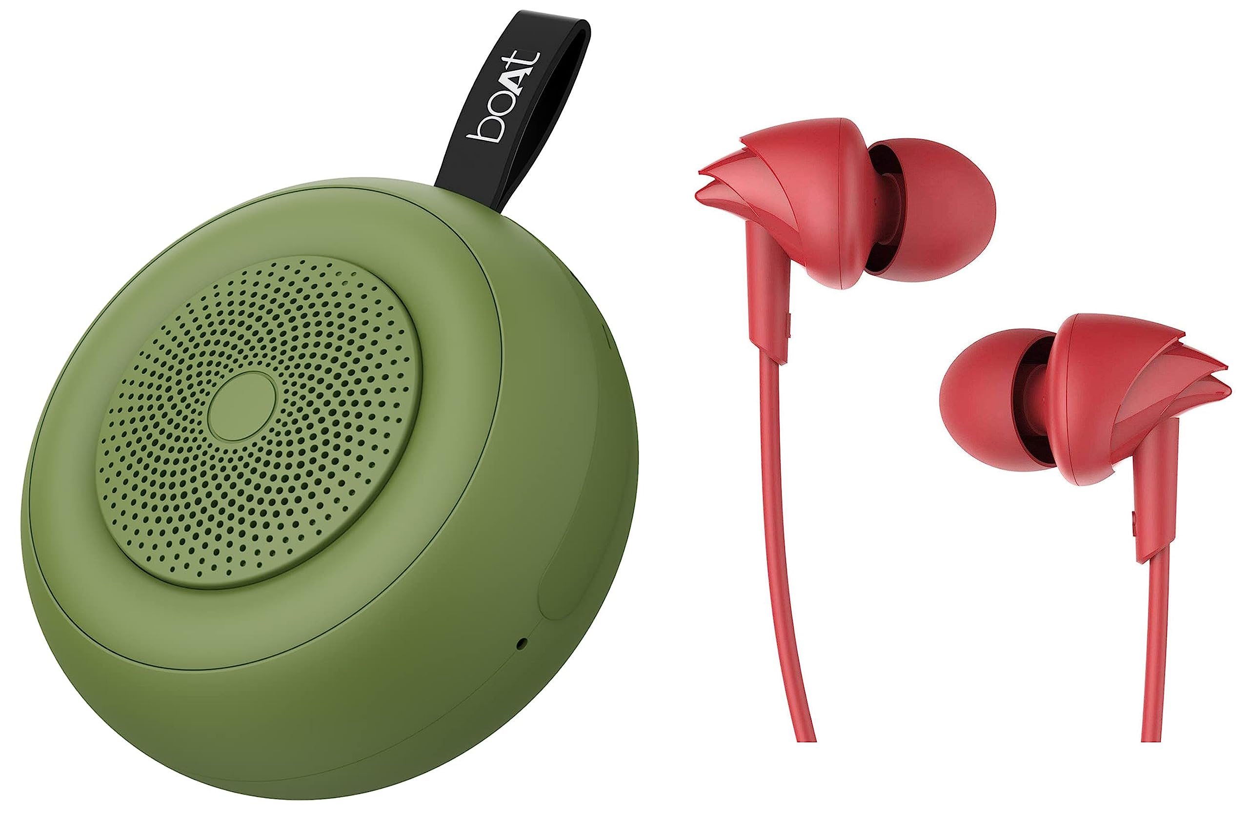 boAt Bassheads 100 in Ear Wired Earphones with Mic(Furious Red) && Stone 135 Portable Wireless Speaker with 5W RMS Immersive Sound, IPX4 Water Resistance(Soldier Green)