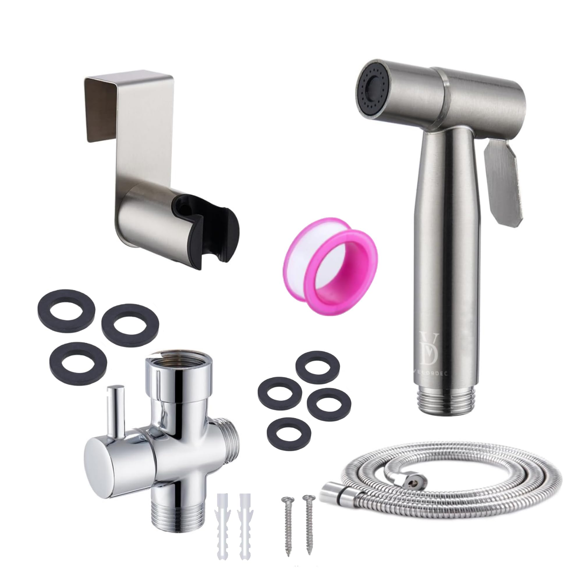 Bidet Sprayer for Toilet - Chrome Finish Shattaf Set with 57" Hose and Enhanced Stainless Steel Brushed Nickel for Feminine & Baby Wash, Includes Pressure Control T-Valve, Rubber Washers,Tape