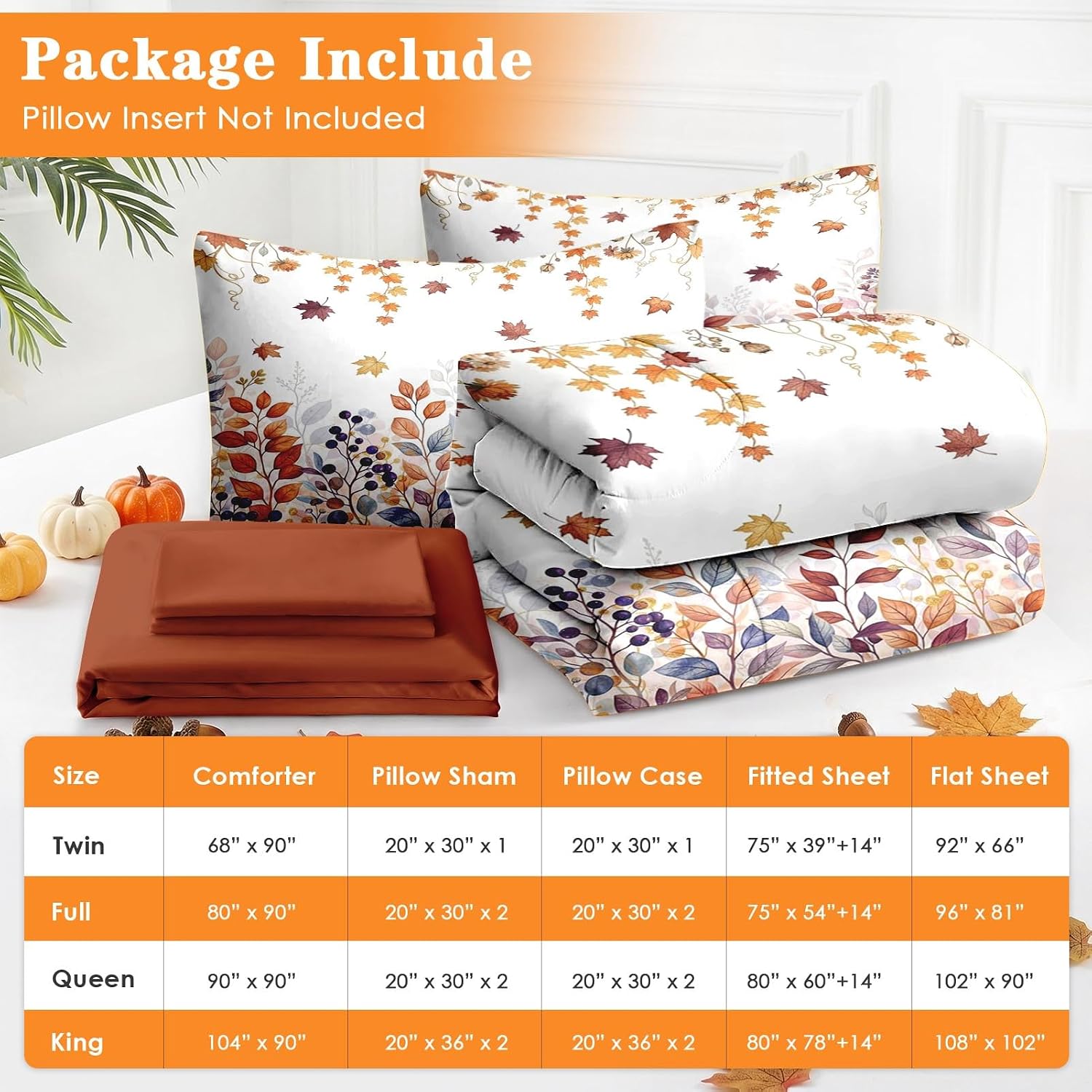 WeCozy 7 Pcs King Size Fall Comforter Set, Autumn Leaves Nature Bedding