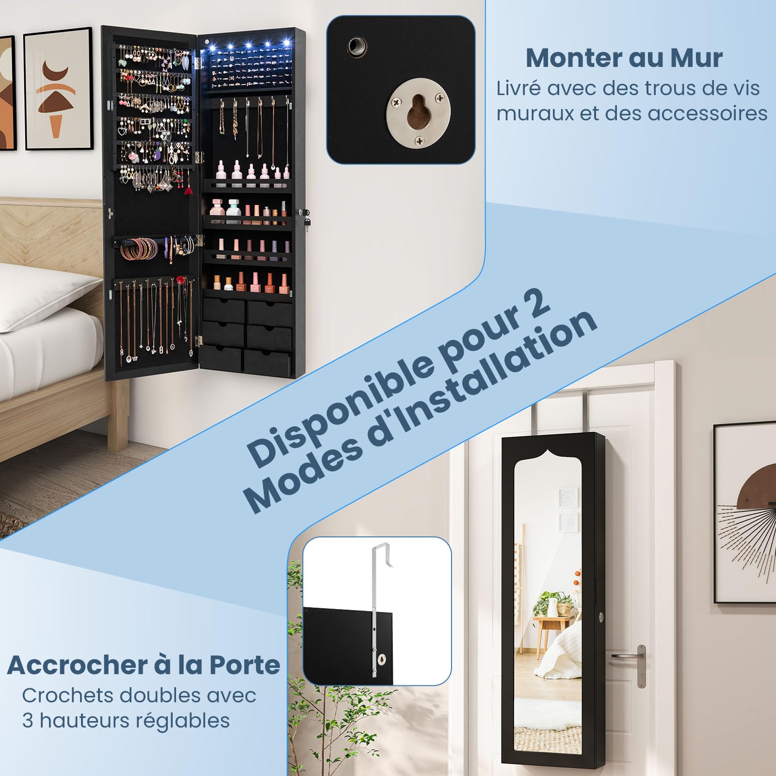 COSTWAY Armoire à Bijoux Murale avec Miroir, Inclus 5 Lumières LED, Emplacement pour Boucles d'Oreiller,Bracelets,Bag etc. Installable sur Mur ou Porte, 36,5 x 11,5 x 120 cm (Noir)