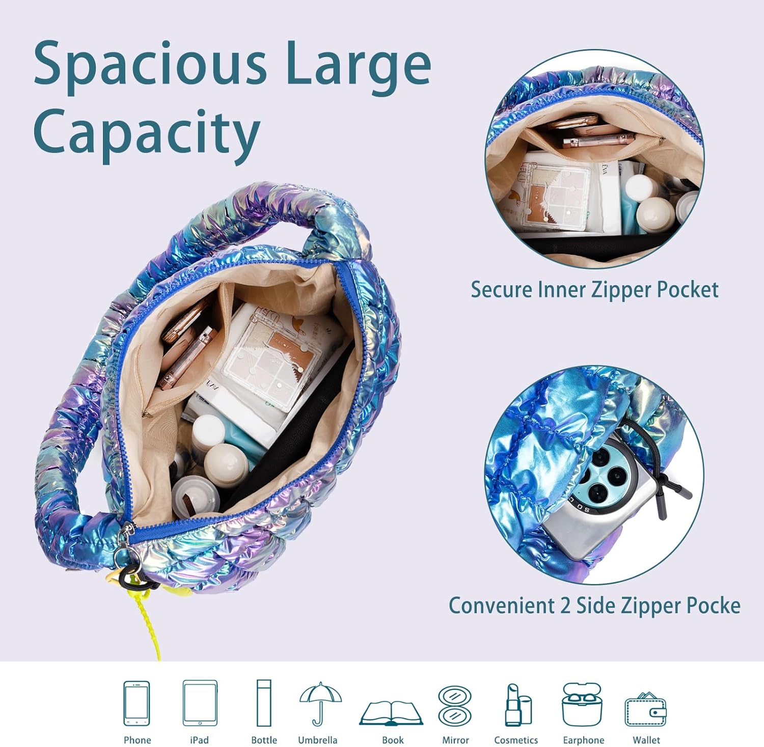 Puffer Tote Bag for Women: Puffer Shoulder Crossbody Bags Purse for Women - Quilted Carryall Nylon Tote Bag for Travel Work - Image 5