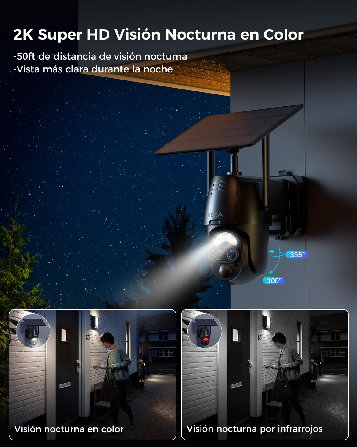 Xega Cámara Vigilancia WiFi Exterior Doble Lentes, 2K Cámara Exterior Solar con【Zoom Híbrido 12X】 AI Detección Humana, Visión Nocturna Color, Audio Bidireccional, 2,4GHz WiFi, 0,2s Alarma, IP66 | 2K Cámara Exterior Solar con AI Detección Humana, Visión No