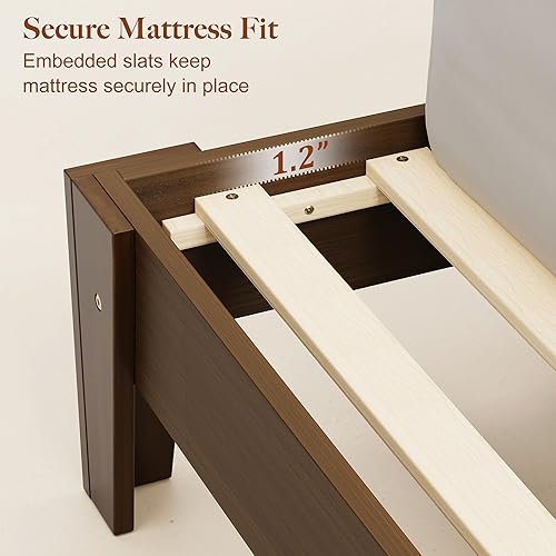 Miniatura 6 de Base de cama de madera tamaño Queen, cabecero alto acanalado con alas curvas, marco de cama de plataforma moderna de mediados de siglo con soporte