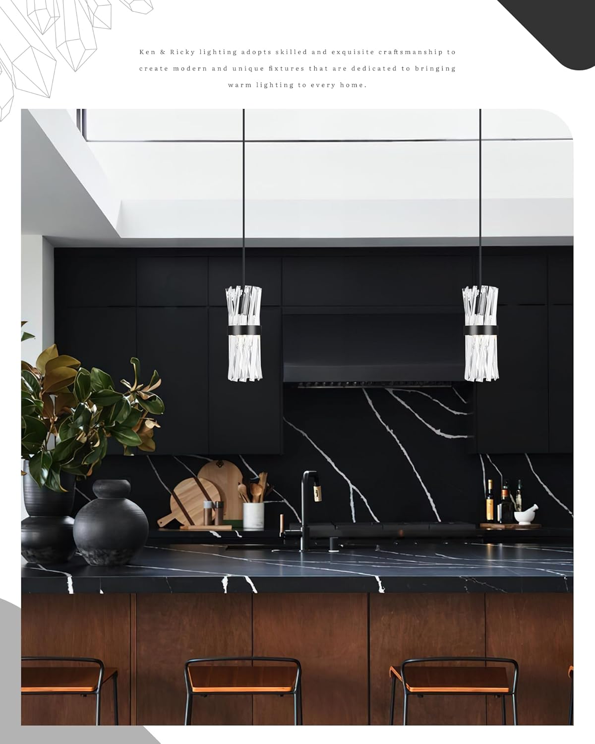 Ken & Ricky Crystal Pendant Light 3 Pack,Black Industrial Island Lights for Kitchen, Hanging Light Fixture, Adjustable Small Chandelier for Dinning Room Bathroom Bedroom