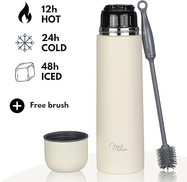 Milu Vacuum Insulated Flask 1L, 750ml, 500ml - Thermo Water Drinking Bottle with Cup for Hot & Cold Drink - Stainless Steel, 100% Leak-Proof (Buttercream, 500ml)