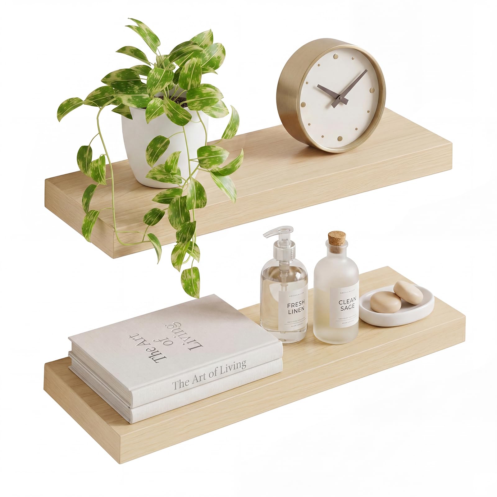 INHABIT UNION White Oak Floating Shelves for Wall, 60cm Wall Mounted White Oak Shelves Perfect for Bedroom, Bathroom, Living Room and Kitchen Decoration Storage（Set of 2）