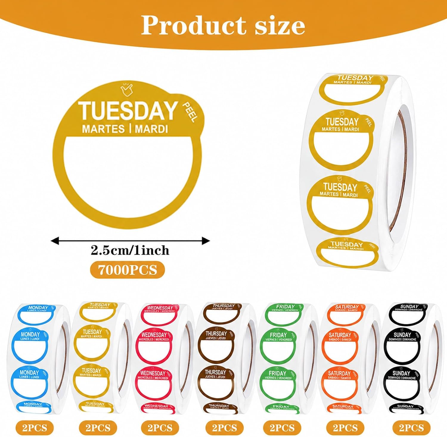 14 Roll 7000 Pcs Day of The Week Labels Food Labels Monday Through Sunday Management Inventory Stickers Removable Weekly Self Adhesive Date Dot Stickers for Restaurant Kitchen Containers Dispenser image 2