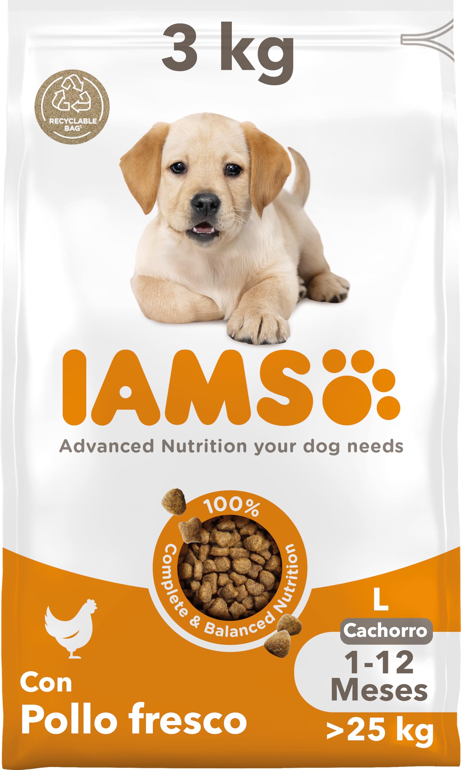 IAMS Alimento seco para cachorros de razas grandes de 1-12 meses con pollo fresco, 3 kg
