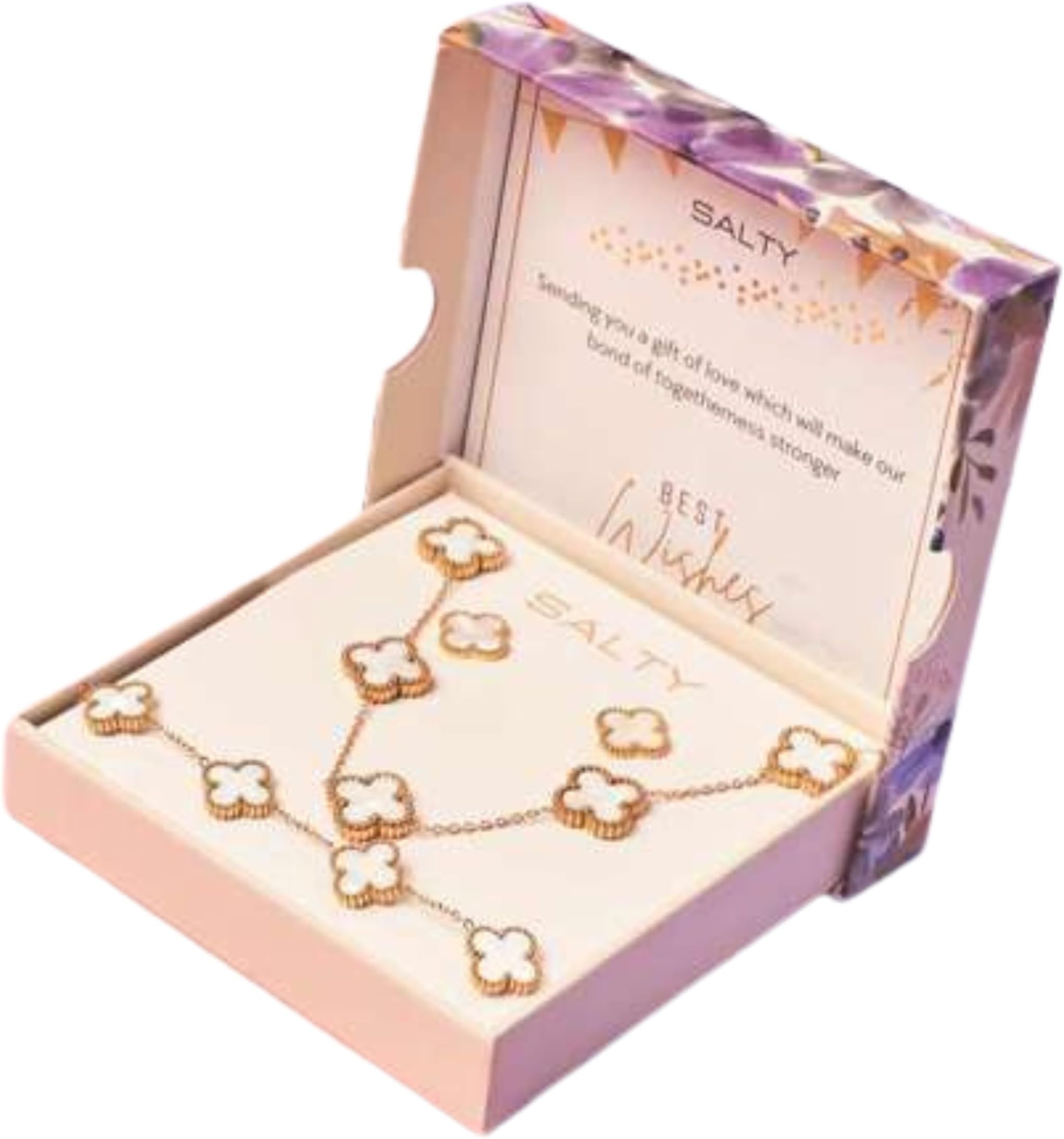 Anti Tarnish Fancy White Clover Gift Box | Necklace, Earrings & Bracelet Jewellery Set for Women | Latest Stylish Jewelry Sets | Modern Design Aesthetic Accessories | Ideal for Gifting | Marriage, Birthday | Gift for Valentine Day