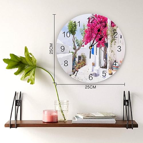 Miniatura 4 de Reloj de pared redondo silencioso con diseño de calle griega con edificio blanco, flores rojas y plantas verdes, de cuarzo, funciona con pilas,