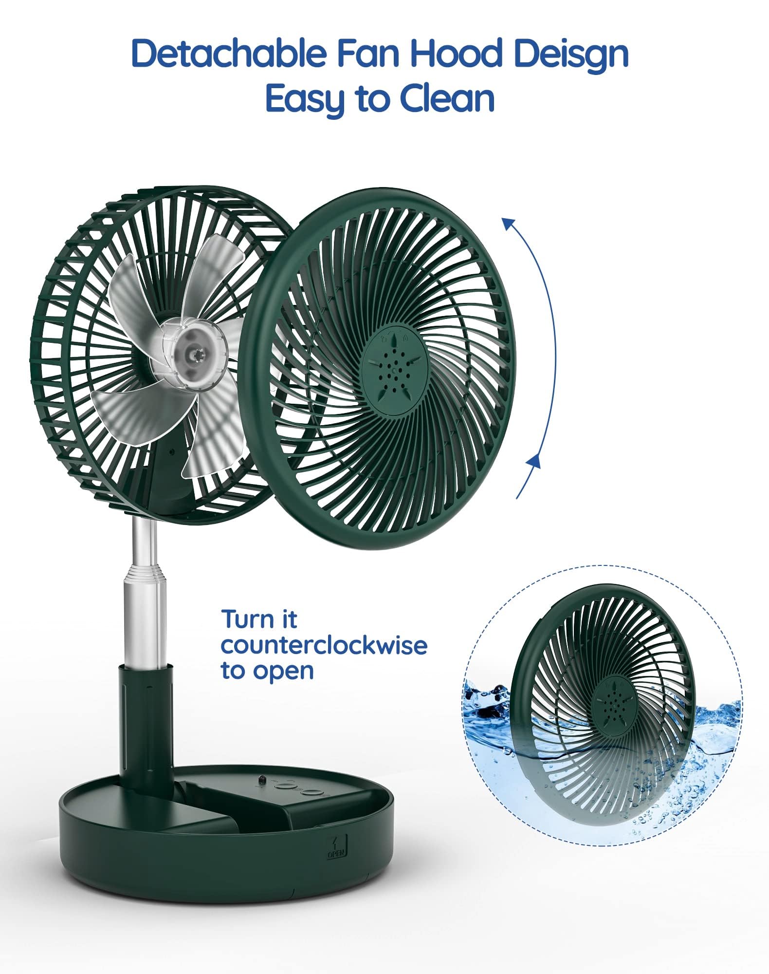 Ventilatore ricaricabile portatile, 7200mAh a batteria con telecomando | Ventilatore da tavolo pieghevole, 6-21 ore, 4 velocità, per viaggi, campeggio, crociera, camera da letto, verde, 19,6 cm