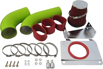 Green Pipe Cold Air Intake Kit & Red Filter Combo Compatible for Ford 87-93 Mustang 5.0L V8