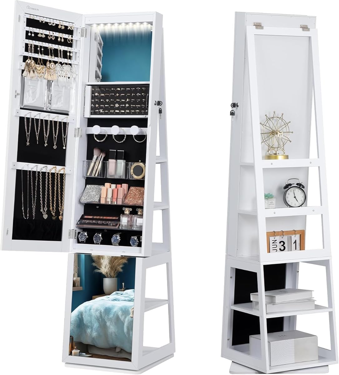 16 LEDs Jewelry Cabinet Armoire, Standing Jewelry Organizer with 360° Rotating Base, Lockable Full-length Mirror, 5-tier Storage Shelves, 4-in-1 Design, 61.5" H, White and Black JC15903B