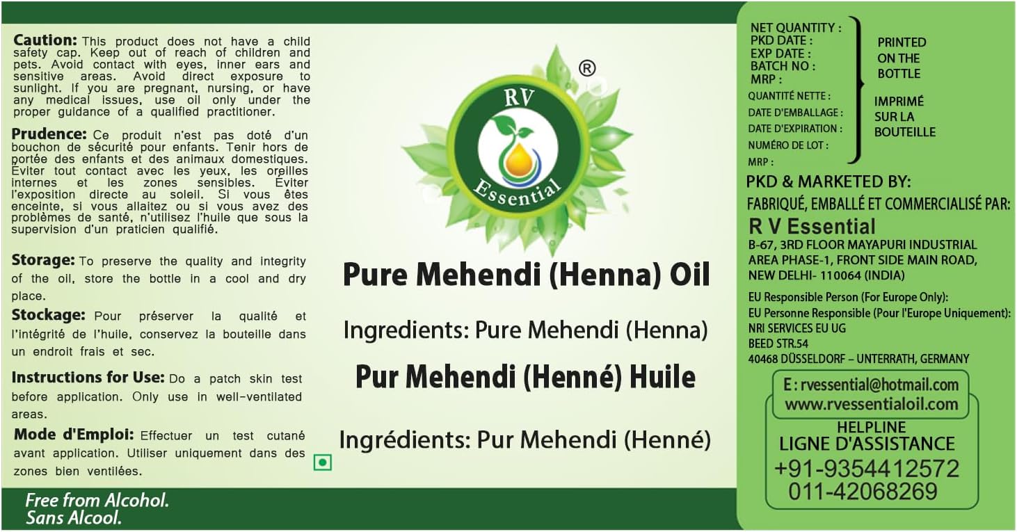R V Essential Pure Mehendi (Henna) Oil 300ml (10oz)- (100% Pure and Natural)