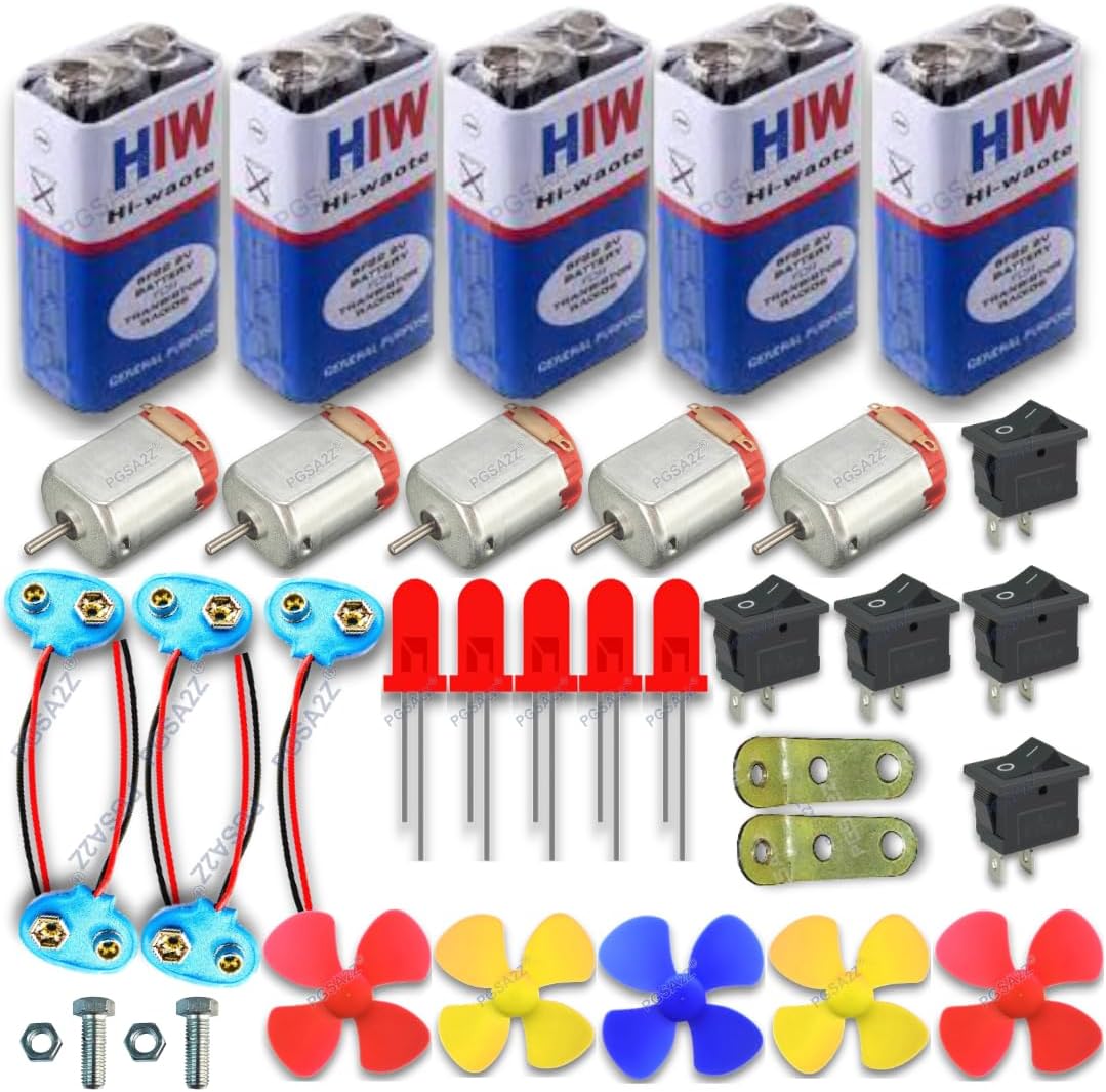 DIYToy Motor, Mini 4Wing Fan, 9V Battery Snap, Switchs, LEDs Science Projects Kit -5 Pcs Each