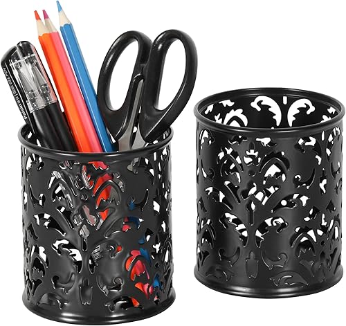 Miniatura 6 de EasyPAG 2 Portalápices floral de 3.25 pulgadas de diámetro x 3.75 pulgadas de alto redondo, Negro