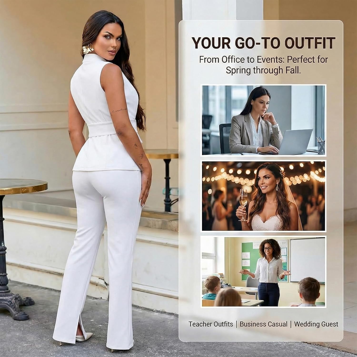 kaimimei Womens Suits 2 Piece Set Business Dressy Sleeveless Vest and Slit Pants Casual Office Work Outfits with Pockets
