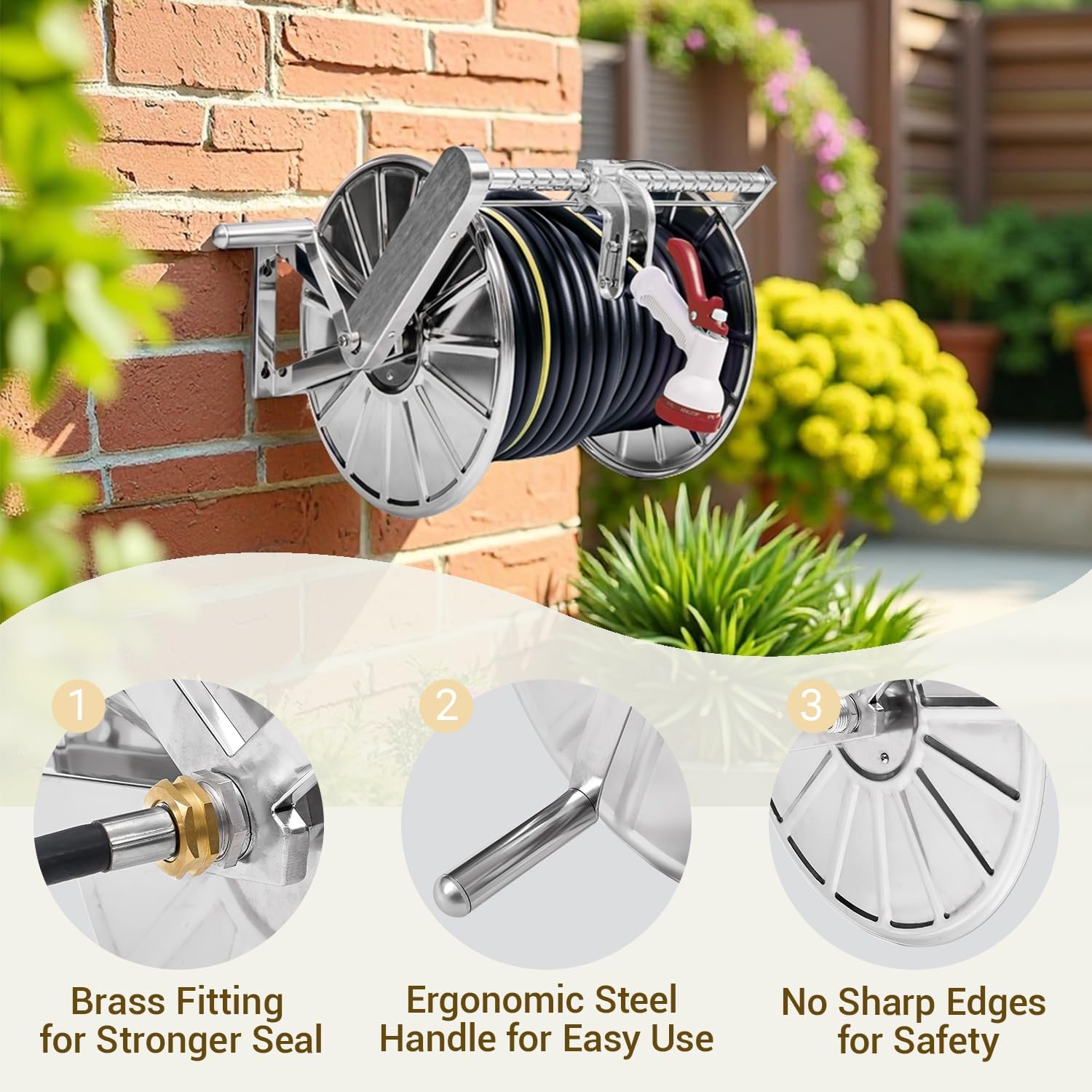 Stainless Steel Hose Reel – Wall-Mount Garden Hose Reel with Sliding Guide, 5ft Leader Hose, Heavy-Duty Hose Reel, Holds 150ft of 5/8" Hose