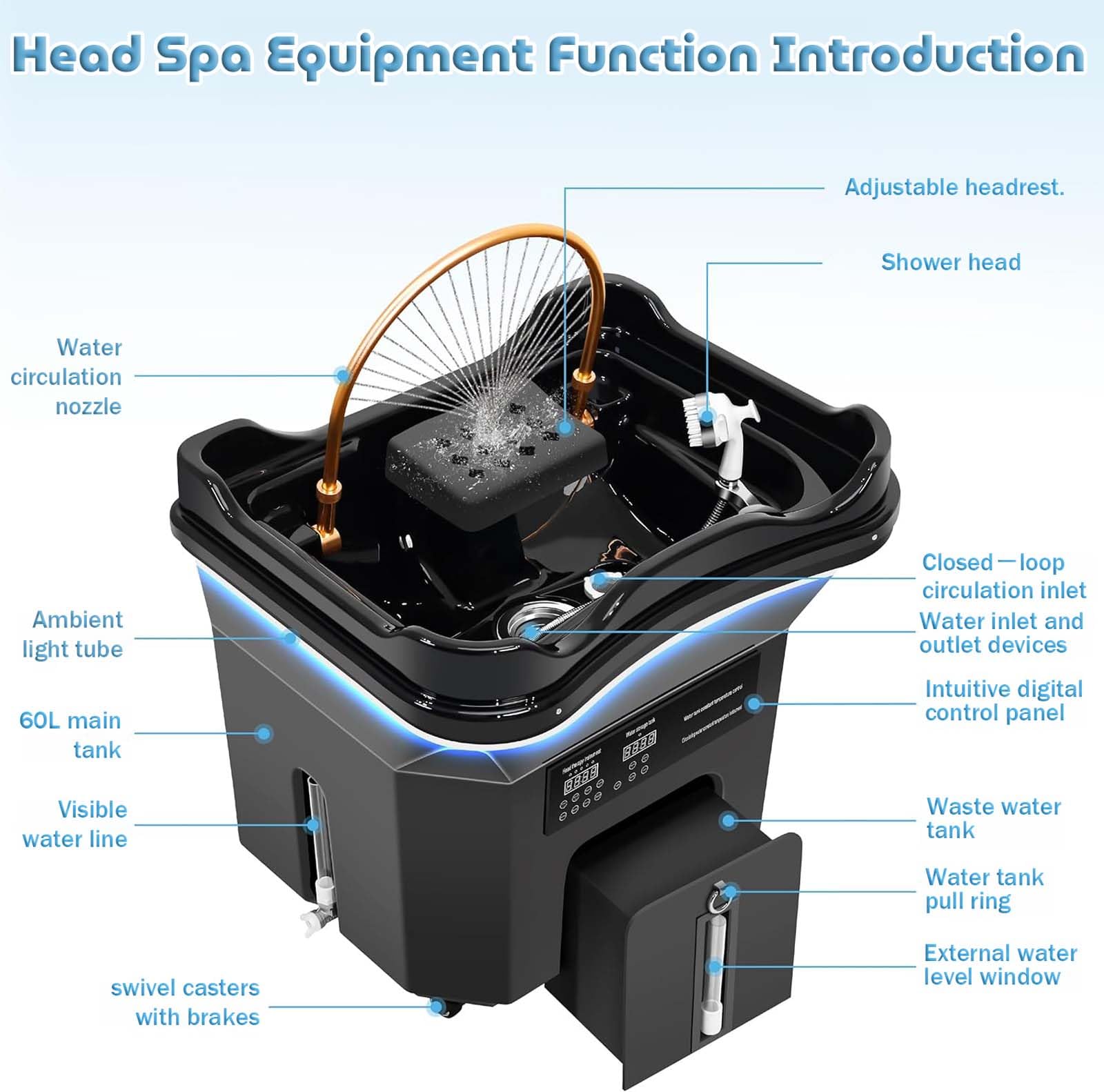 Generico Portatile con Lavabo a Circolazione dell’Acqua, Spa Capelli Giapponese 60L Acqua Pulita + 20L Serbatoio di Scarico, Attrezzatura Mobile con Kit di Fumigazione, Salone e Casa (Black)