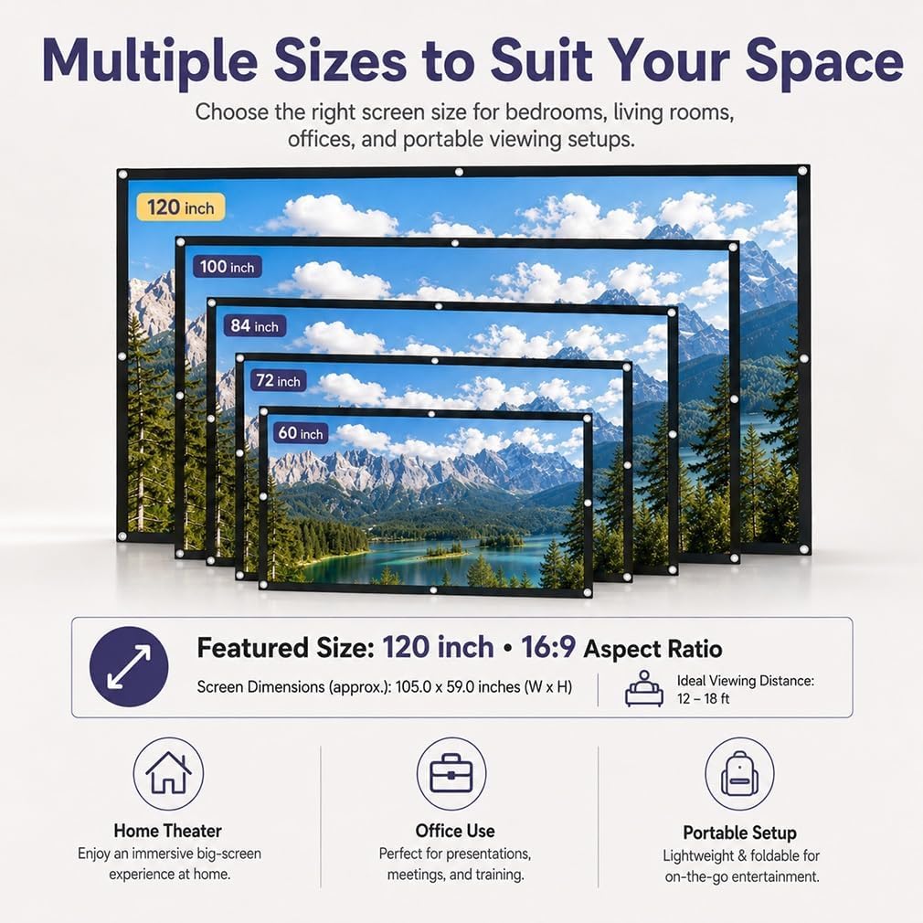 Pantalla de proyección ALR: Pantalla Colgante Mejorada 4K 16:9 para Interiores y Exteriores, portátil y de Calidad cinematográfica; fácil instalación para Cine en casa (Standard,150")