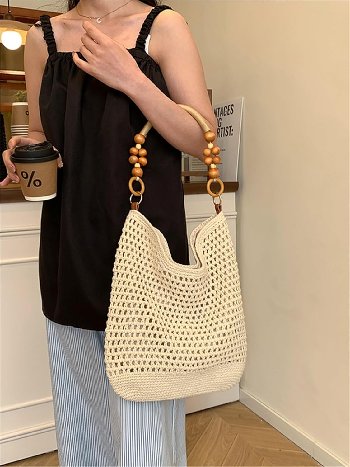 [YANROSE] クロシェ編みのビーチバッグ 編み込みトートバッグ レディース 2025 シーサイドストローショルダーハンドバッグ