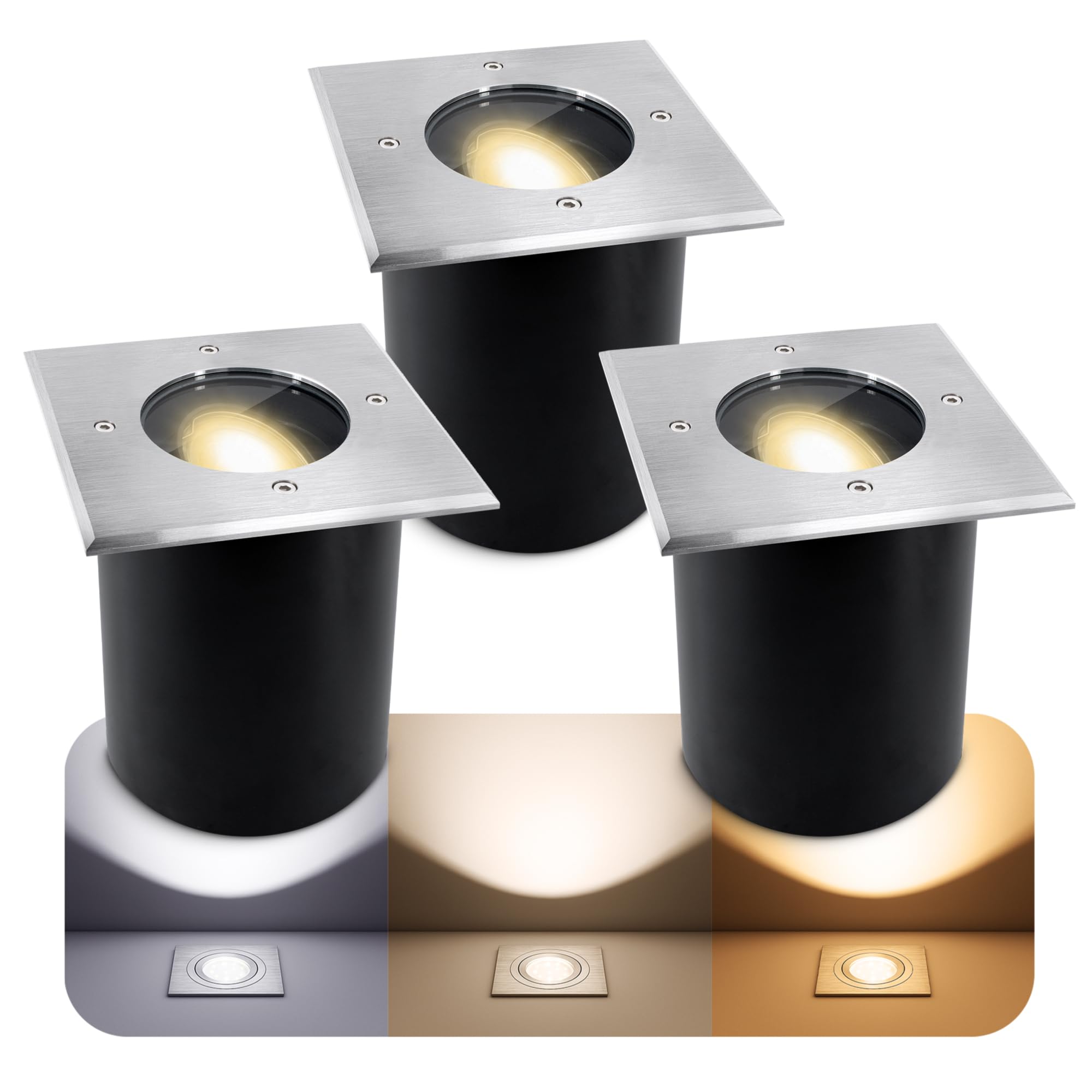 SSC-LUXon JUAVI LED Bodenstrahler Set dimmbar schwenkbar IP67 - mit LED GU10 7W warmweiß 230V - 3x Einbaustrahler Boden eckig