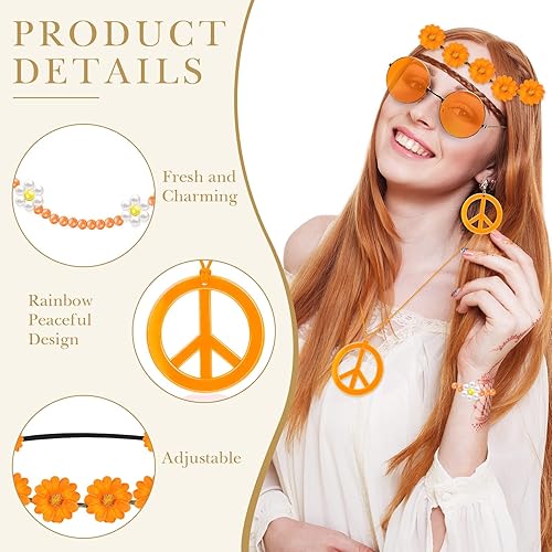 Miniatura 3 de Batiyeer Juego de 6 accesorios de disfraz hippie bohemio, símbolo de la paz, margarita, flor de los años 60 y 70, decoración para fiestas geniales