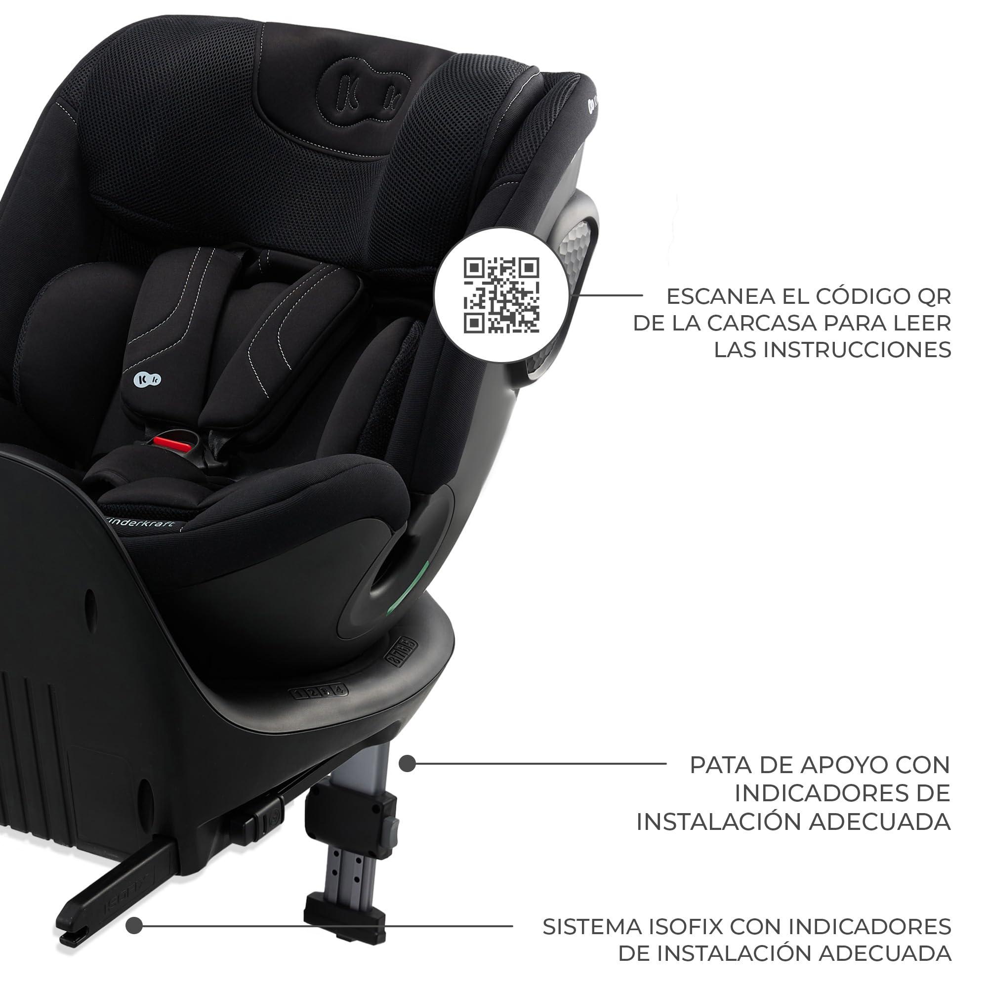 Kinderkraft XRIDER2 I-SIZE 40-125 cm, Kindersitz 0-25 kg, 0-7 Jahre, 5-Punkt-Gurte, 360 grad drehbar, Kinderautositz mit ISOFIX, FWF und RWF, verstärkte 3-Schicht-Kopfstütze, Memory-Schaum, Schwarz