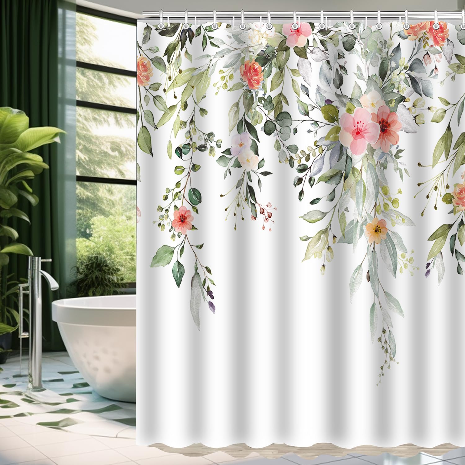 Lerores Cortina de ducha de 240 x 200 cm, diseño de flores rojas, dobladillo con peso, tela antimoho, impermeable, lavable, de poliéster, cortinas de baño con ojales y 16 anillas de cortina de ducha
