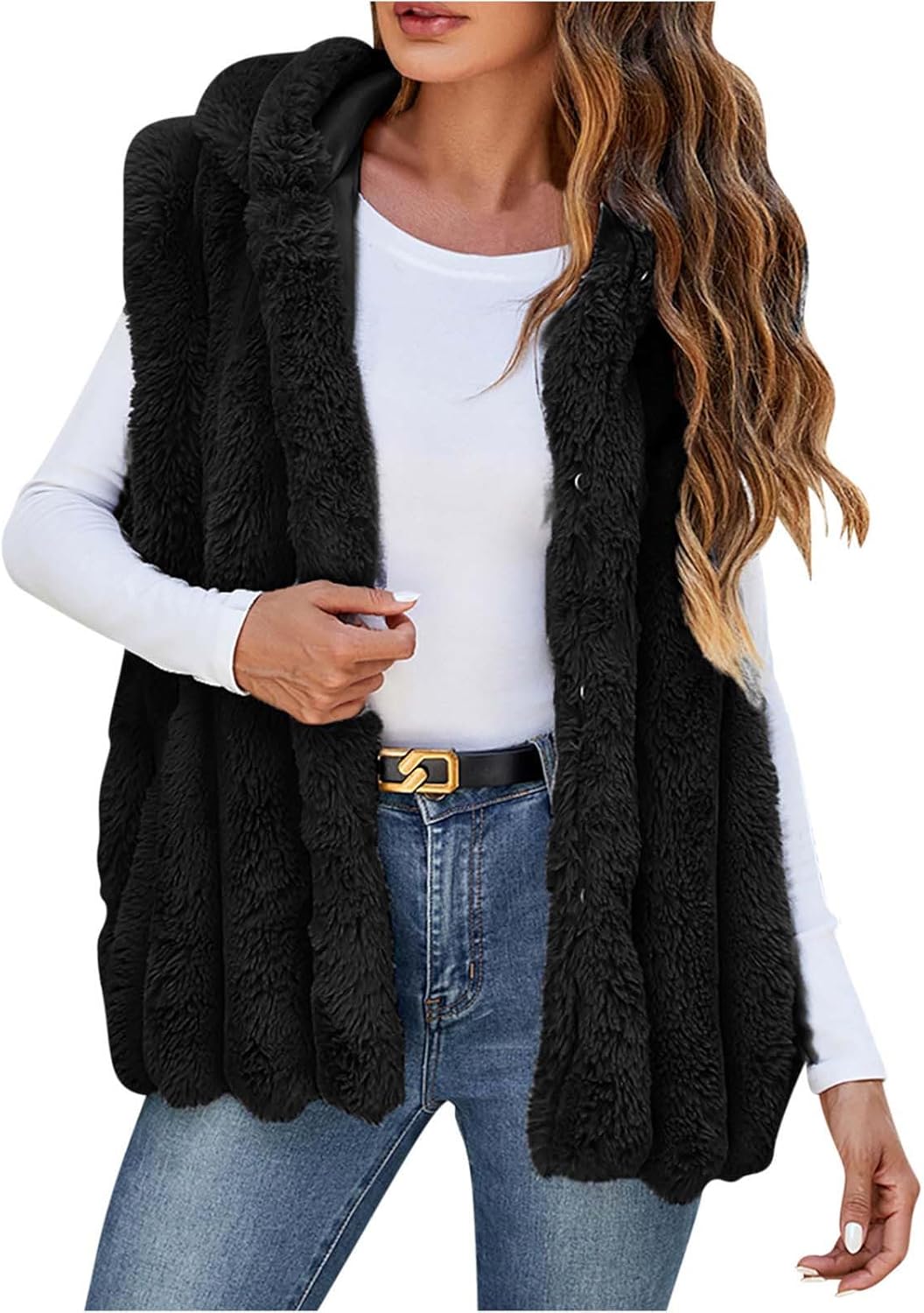 Womens Fuzzy Fleece Vest Fashion Hood Sleeveless Fluffy Faux Fur Jacket Coats Casual Soft Winter Warm Outerwear Vests