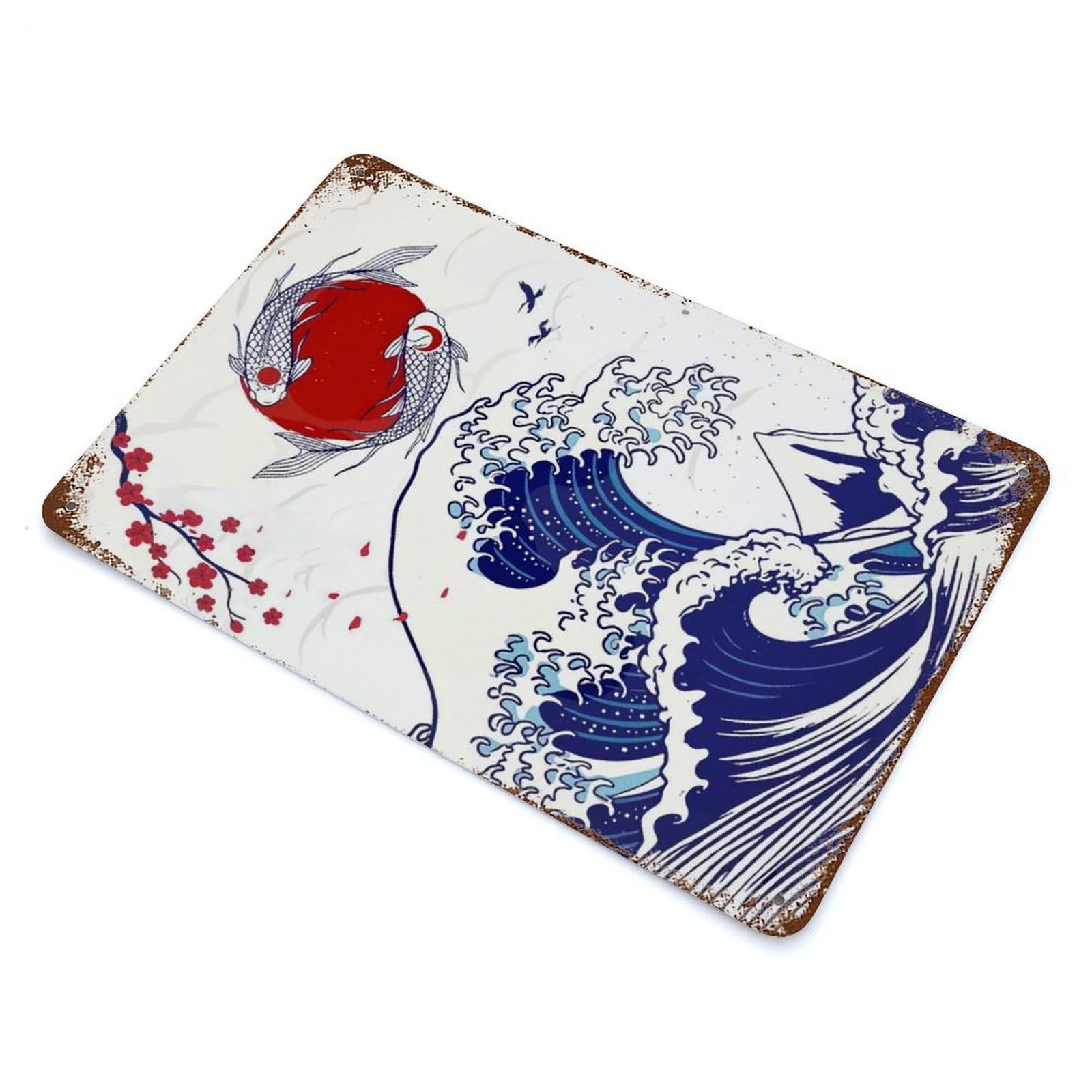Japanese Koi Wave Sun Rustic Tin Plaque 11.8"x7.9", Ideal for Shed, Workshop And Garage Wall Decor