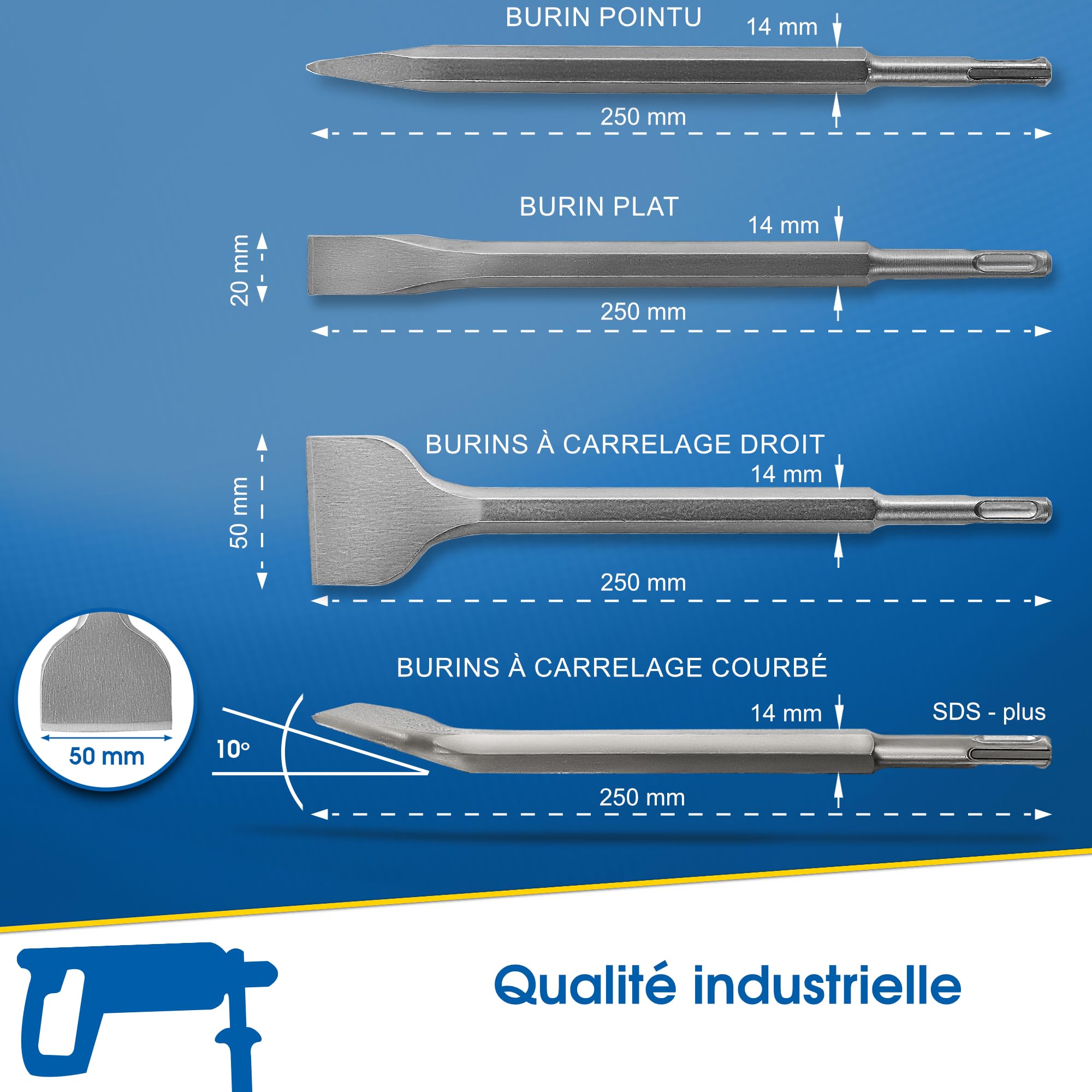 S&R Jeu 4 Burins SDS-Plus Ciseaux à Béton Carrellage Pierre Maçonnerie pour Perforateur Burineur