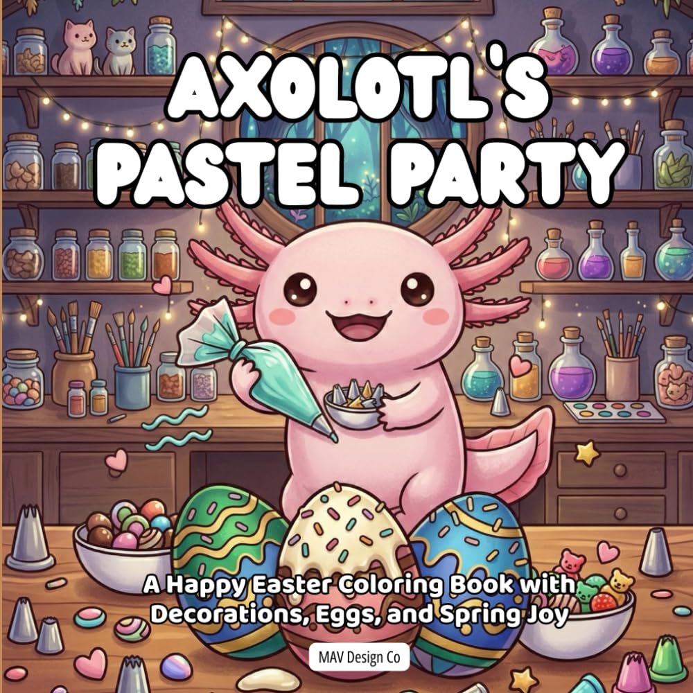 Axolotl's Pastel Party A Happy Easter Coloring Book with Decorations, Eggs, and Spring Joy: Cute Axolotl Coloring Pages for Kids, bold and easy, 8.5x8.5 inches
