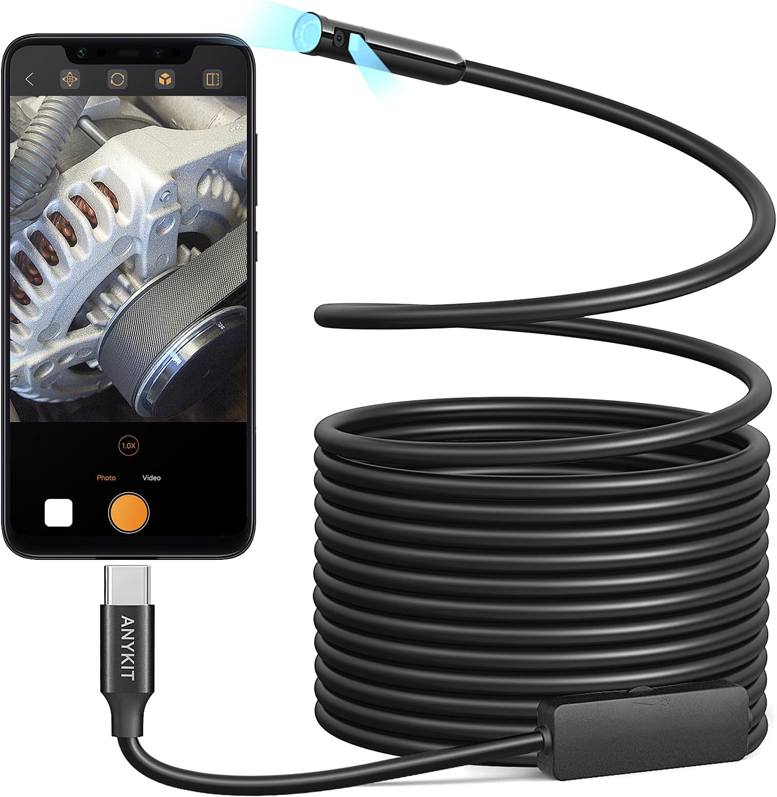 Anykit Dual Lens Endoscope Camera, Type-C Borescope with 8 Adjustable LED Lights, IP67 Waterproof 16.5ft Semi-Rigid Snake Cord Inspection Camera Compatible with Type C iPhone 15 & Android Phone