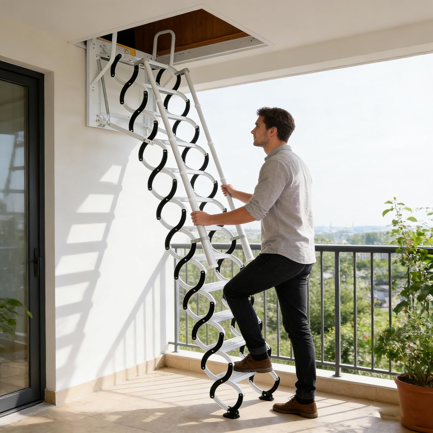 Wall-Mounted Folding Stairs, Folding Loft Staircase with Handrails,Telescoping Attic Ladder with Pull Down System, 11 Steps Attic Stairs, Home Indoor Outdoor Attic (Black - White, 12 Steps)