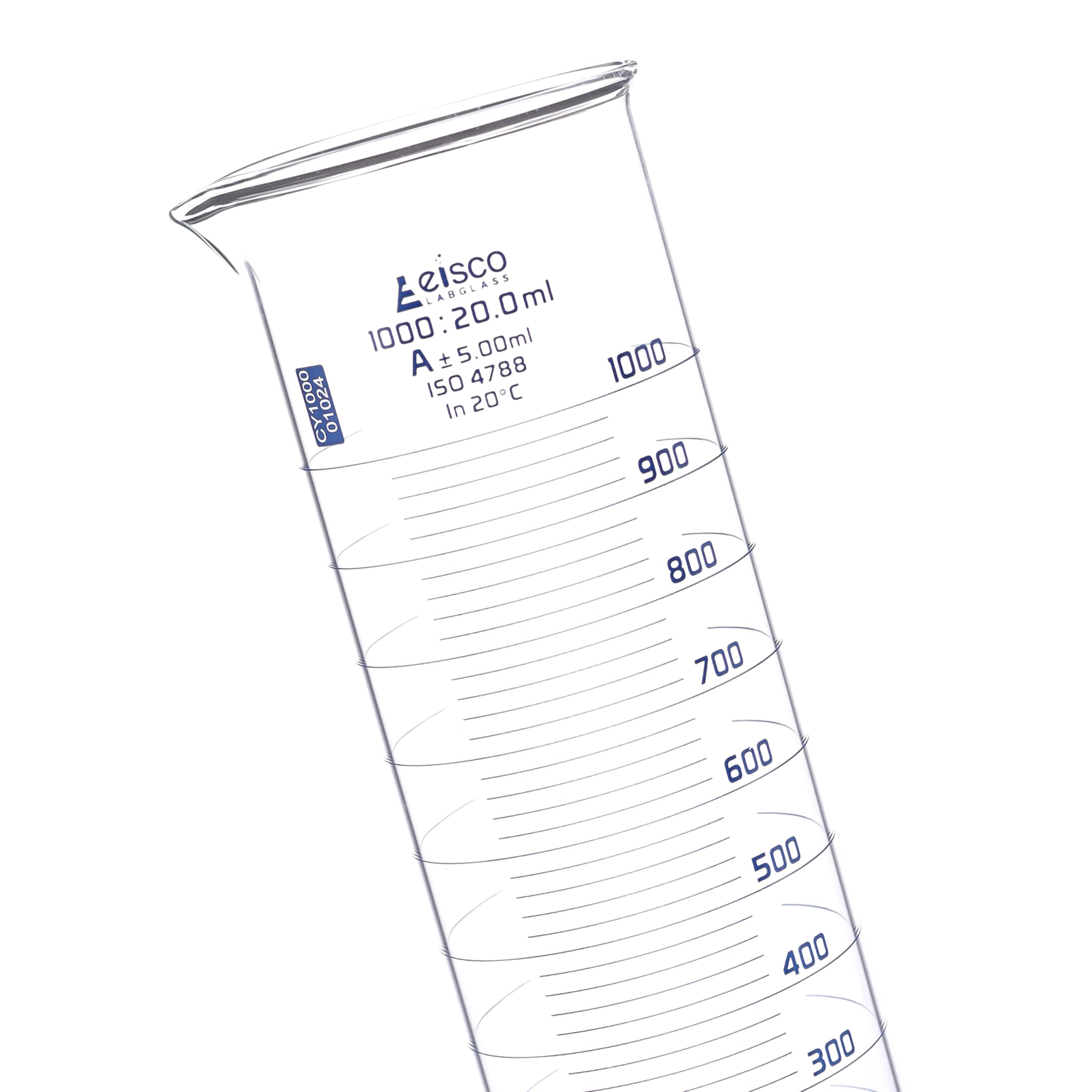 Eisco Labs - Cilindro de medición, 1000 ml, clase A, forma de sentadillas, certificado ISO 4788, cilindro de vidrio graduado para uso en laboratorio, medición precisa de líquidos, cristalería