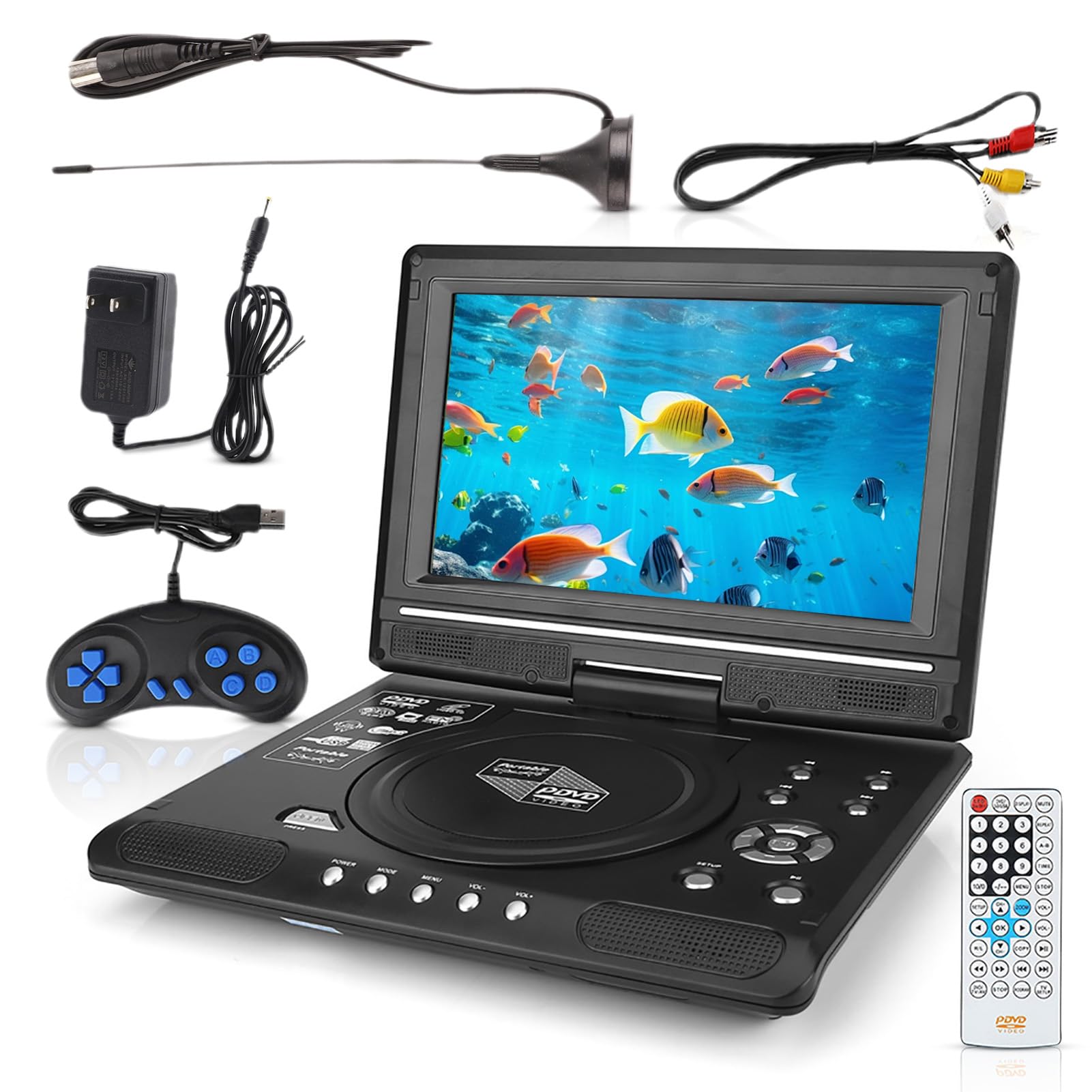 9 Inch Portable DVD Player, AV Input Output Function 270 Degree Rotation HD Player, USB Interface DVD Player with Ion Battery (Plug