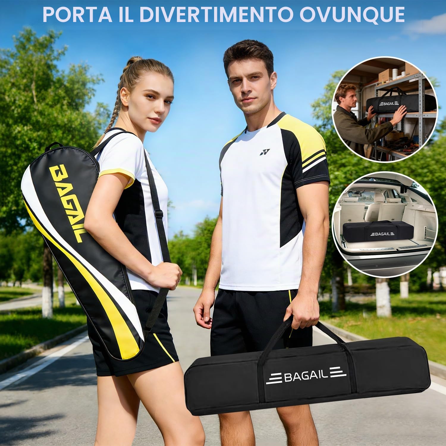 BAGAIL rete sportiva con set per pickleball e badminton, 3m / 4,2m / 5,2m | sistema a rete regolabile in altezza, borsa da trasporto portatile, senza attrezzi, per pallavolo, pickleball e tennis